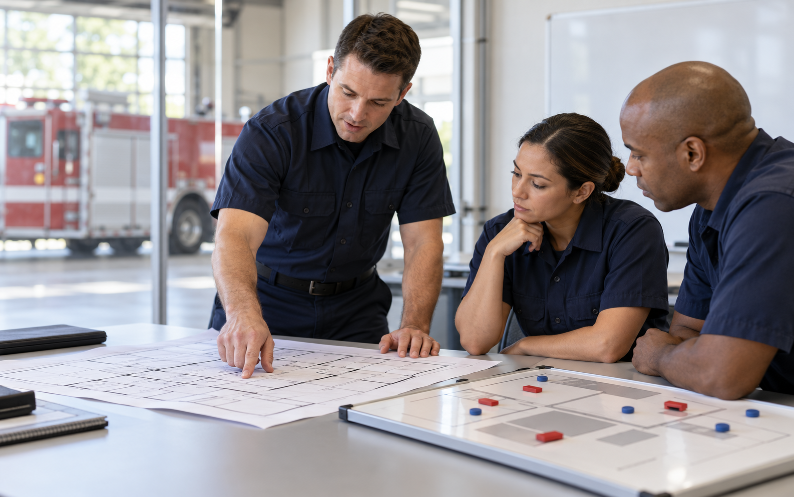 Illustration of fire-service personnel reviewing a building plan during a training discussion.